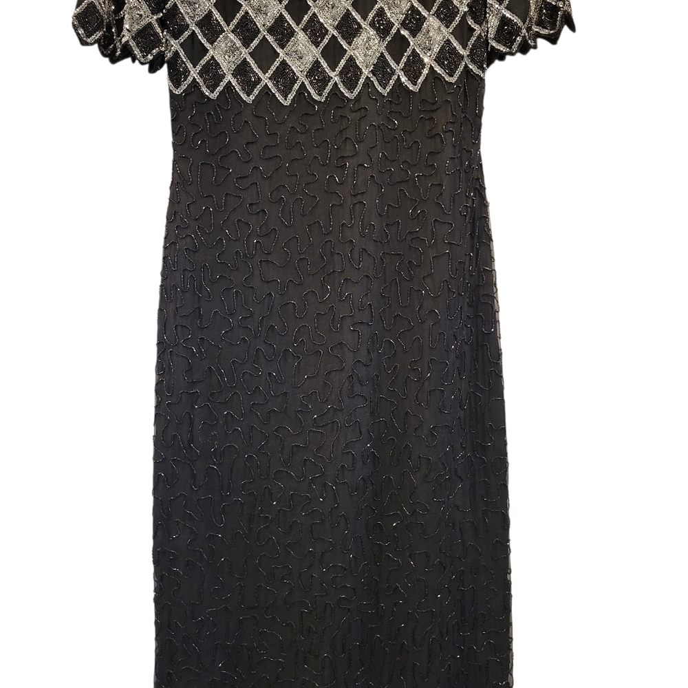 Vintage Laurence Kazar Silk Black Silver Beaded Sequined Full Length Gown Dress - Picture 4 of 12